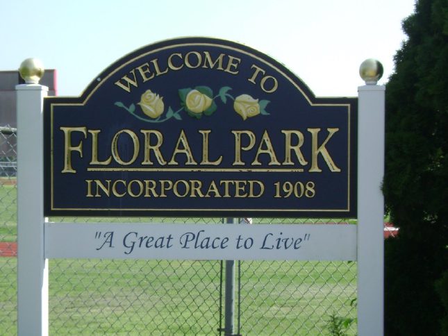 Village of Floral Park welcome monument sign — hand-carved PVC with 23kt gold leaf lettering by Sterling Sign Co
